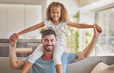 Image showing Children, family and girl with a father and his adopted daughter together on a sofa in the living room at home. Kids, happy and smile with a single foster parent and cute female kid in the house