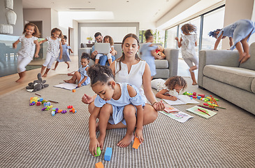 Image showing Meditation, calm and excited family children with high energy, have fun and running in living room. Multitasking relax dad, crazy kids playing and yoga mom meditate for peace, zen or mindset wellness