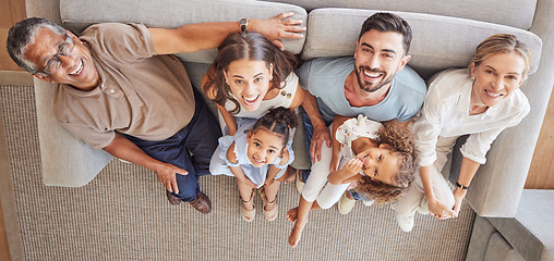 Image showing Children, parents and grandparents on sofa with above view and generations of family spending time together. Love, diversity and couple with girl kids, grandma and grandpa relax and smile at home.