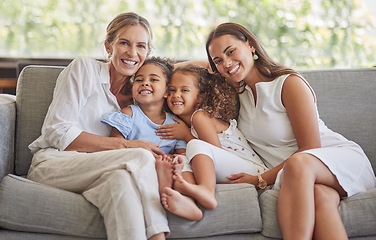 Image showing Happy family, grandmother and mom with children in portrait at home hugging and bonding in celebration of mothers day in USA. Smile, mum with kids enjoys quality time with senior woman in retirement