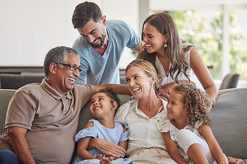 Image showing Relax, love and big family happy on sofa smile together in home on the weekend with children. Cheerful and diverse senior grandparents, parents and young kids in Brazil bond in living room.