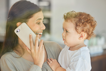 Image showing Mother, boy or phone call for medical telehealth consulting support for sick child, son or kid in lockdown. Smile, happy and excited mom on mobile medicine help communication and cheering grumpy baby