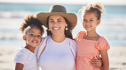 Image showing Family, children and beach with a girl, mother and sister together by the ocean for bonding during summer. Nature, sea and love with a daughter, sibling and parent on vacation or holiday by the water