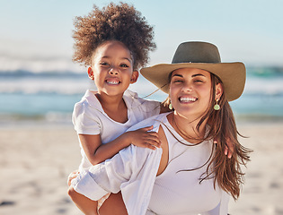 Image showing Mom, girl and beach bonding in carrying game by sea or ocean in Mexico for summer family holiday. Portrait, smile or happy woman, mother or parent with afro child, kid or daughter in nature landscape