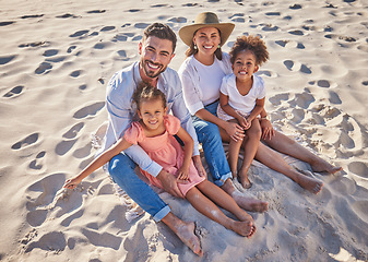 Image showing Travel, relax and sand with family at beach for Cancun Mexico vacation for summer, happy and love. Support, smile and portrait of parents and children on holiday for health, wellness and lifestyle