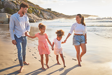 Image showing Family, children and beach of mother and man holding hands on sea sand. Summer vacation of happy fun people with kids smile in nature with relax happiness walking by the ocean water in the sun