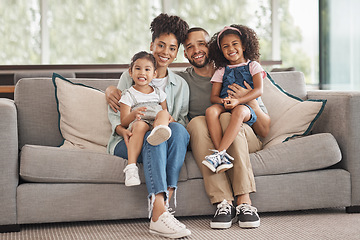 Image showing Happy interracial family on sofa portrait of children and parents or mother and father for love, care and support. An immigrant Mexico dad and mom with Asian and african kid together on lounge couch
