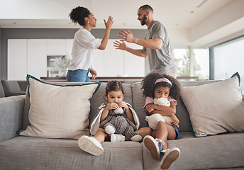 Image showing Angry parents, sad kids and divorce couple in living room from problem, family conflict and breakup. Man fight, woman argument and young girl children fear, scared and anxiety from emotional trauma