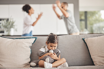 Image showing Depression, stress or child trauma for girl with teddy bear on living room sofa and listening to fight, scream or shouting parents. Burnout, anxiety or mental health kid with divorce father or mother