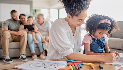 Image showing Mother helping child drawing with family, teaching and home education for knowledge or creativity development. Black woman mom and kindergarten girl kid with color crayons and book activity together