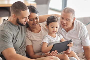 Image showing Relax, happy and tablet with family on sofa with girl for education, streaming service and movies. Digital, communication and learning with child in living room with grandparents and dad online