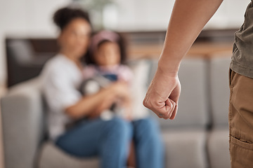 Image showing Man, fist and domestic abuse of family, woman and child on home or house living room sofa. Zoom, hands and angry father or parent ready to fight in violence and anger with scared, adhd or autism kid