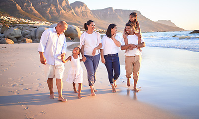 Image showing Big family, children or girls bonding on beach on summer sunset holiday, social reunion or vacation. Smile, happy and walking parents, mom and dad with relax senior grandparents and kids in Cape Town