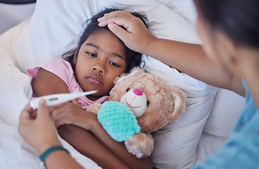 Image showing Sick thermometer, child health and mother reading fever, care for girl with covid and check on virus in bed of house. Kid resting with flu while mom takes temperature in bedroom of home with love