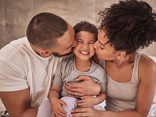 Image showing Mother, kiss and father bonding with boy in home, house or hotel bedroom in trust, security and love. Smile, happy or excited son, child and kid with fun, playful face expression or Brazilian parents