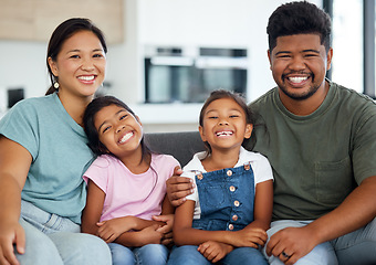 Image showing Family, sofa and home smile with happy, kids and parents together, on weekend or holiday. Mom, dad and children in living room, show love and care on vacation or travel in house or hotel in Indonesia