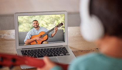 Image showing Learning guitar, video call and instructor teaching a girl an instrument, live streaming class and communication on virtual broadcast on internet. Student musician learning to play with tutor on web