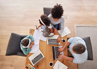 Image showing Family, desk and laptop for work in living room, parents, children and education. Black woman, man and kids together in house, working on computer for homework, online job and learning above