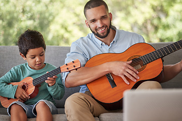 Image showing Father teaching child guitar, learning music skill in brazil home and happy singing together. Acoustic musical instrument, young guitarist plays ukulele and training with musician dad in fun family