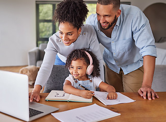 Image showing Child learning kindergarten online with laptop, happy black parents support in Atlanta home school and check wifi. Young student homework in notebook, education technology and study with headphones
