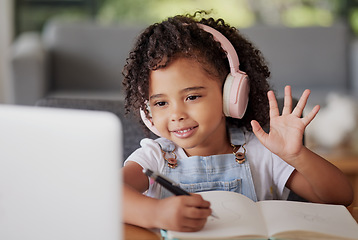 Image showing Video call, laptop and education child wave hello in online class communication, conversation or talk while at home. E learning, homeschool and question from remote student girl with pen and notebook