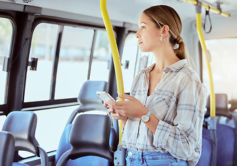 Image showing Woman, bus travel and phone on public transportation while thinking and using social media or internet app for information about city traveling. Female passenger with 5g network cellphone in town