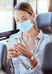 Image showing Covid, phone and bus with a woman in a mask using public transport to travel or commute while checking her immigration status online. 5g, safe and mobile with a female in the corona virus pandemic