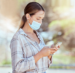 Image showing Covid, mask and social media woman on smartphone to relax and rest on commute with 5g connection. Mobile communication on internet app with woman reading pandemic news with face protection.