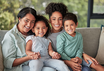Image showing Happy family, grandmother and mom with her children in a portrait at home enjoying quality time on mothers day. Senior woman, kids and their young mum smiling, bonding and relaxing in Colombia