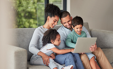Image showing Laptop elearning and family on sofa or parents help with children education, support or watch cartoon show together. Relax mother, father and kids on couch on fun digital pc games or streaming online
