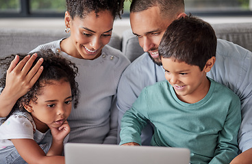 Image showing Mother, father and children bond with laptop for movie streaming, video call or internet search on house or home living room sofa. Smile, happy and relax man, woman or parents with kids or technology