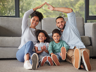Image showing Happy, family and home insurance with roof over kids for protection, family safety and care in their home. Portrait, mom and dad cover children loving, together and smile in living room on the floor