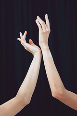 Image showing Ballet hands and performance art stage for creative dancer theatre movement girl. Entertainment performer with classy, elegant and stunning pose for professional talent showcase closeup.