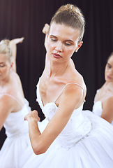 Image showing Ballet, dance and art with a woman ballerina or dancer dancing on a theater stage during a performance. Creative, artistic and movement with a female artist or performer group training for a recital