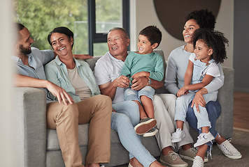 Image showing Children, parents and happy grandparents on sofa, generations of family together in living room. Love, home and couple with kids, grandma and grandpa from Brazil relax and smile on couch in new home.