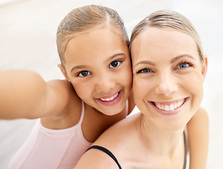 Image showing Ballet selfie, dance teacher or child studio ballerina taking fun, young and happy picture for social media. Smile portrait of woman and girl after learning beauty, elegant and creative theater art