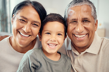 Image showing Face portrait, grandparents and child in smile for happy family relationship bonding together at home. Closeup of faces in love, care and happiness smiling for selfie together in generations