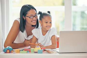 Image showing Mother laptop, teaching and learning girl with homework in the room. Mom and kid smile with internet to homeschool her young daughter to help with math, for a happy family on a child education app