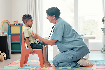 Image showing Paediatrician, children doctor and consultation of a healthcare employee check heart health. Family hospital and kids medical clinic worker help with a happy smile on a cardiology consultant job