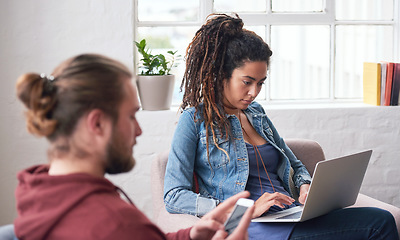 Image showing Business woman, SEO or designer with laptop in office working with social media, website or data schedule for team. IT, tech or networking creative girl with advertising, logo analytics or strategy