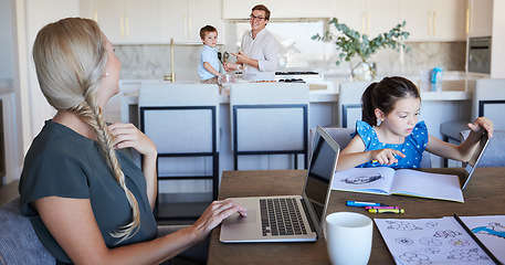 Image showing Family, children learning and mother work from home on laptop with father cooking in busy house. Happy parents or mom working on laptop, girl with tablet drawing for elearning and kid helping dad