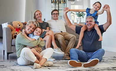 Image showing Happy, family and smile for love, care and playful happiness together in the living room at home. Portrait of people in joyful generations smiling and bonding fun with children and grandparents