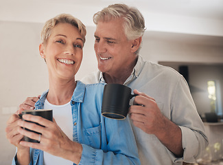 Image showing Coffee, love and old couple smile in home drinking beverage, caffeine or cappuccino. Relax, retirement and tea with elderly, happy married man and woman together care, affection and support in house.