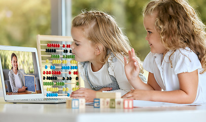 Image showing Education, learning and kids in online class, kindergarten girls with laptop and teacher on screen. Elearning, internet and educational video streaming service for child development for home school.