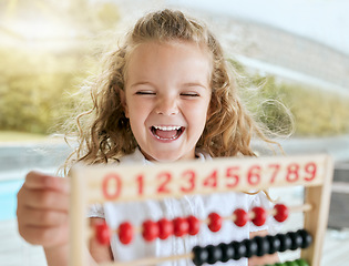 Image showing Learning math, abacus smile and girl studying with tool for help, easy education at school and excited in classroom at kindergarten. Happy, funny and comic student counting with equipment in home