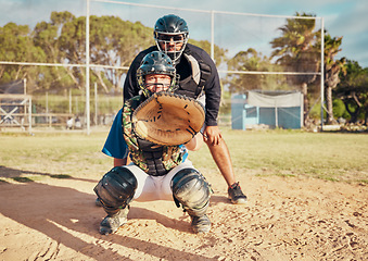 Image showing Baseball, sport and training with a sports man or catcher on a field for a competitive game or match outside. Exercise, fitness and workout with a male athlete in uniform for health and competition