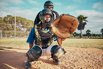 Image showing Baseball, sport and team person fielder on a outdoor sports field during a exercise game or match. Fitness, training and cardio workout of a athlete man with focus ready to catch a fast ball