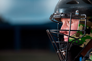 Image showing Sports athlete with face helmet, fitness professional gear and man training for winter game. Competition equipment closeup, power player with action wire mask on dark background and strong protection