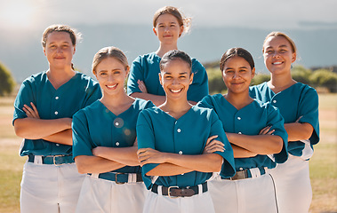 Image showing Baseball, happy and women team with arms crossed on a sport field after practice or a game. Teamwork, collaboration and support with a proud group of girl athletes ready to support, win and play