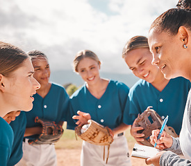 Image showing Coach gives strategy to baseball women team, to give them success and secure victory. Female leader talking to inspire motivation, teamwork and collaboration for softball sport athletes to win a game